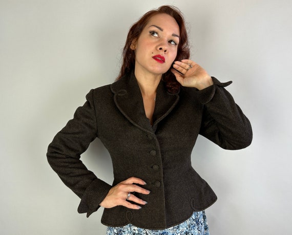 1950s Sassy Scallops and Swirls Blazer | Vintage 50s Menswear Inspired Brown Stripe Flecked Wool Hourglass "Lilli Ann" Jacket | Small Medium