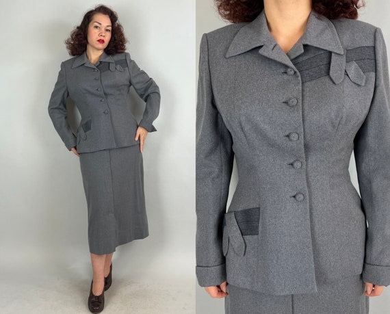 1940s Studious Selena Suit | Vintage 40s Smokey Grey Tailored Wool Jacket Blazer and Pencil Skirt Set with Stormy Gray Stripes | Medium