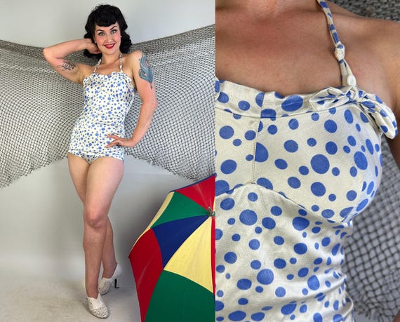 1940s Sea of Spots Swimsuit | Vintage 40s White Satin with Blue Multi-Size Polka Dots One Piece Bathing Suit w/ Bow Accents | Small Medium