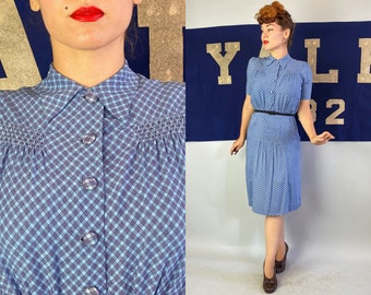 1930s Daytime Darling Dress | Vintage 30s Sky and Navy Blue Plaid Cotton Shirtwaist Frock w/Smocking and Puff Sleeves | Large Extra Large XL