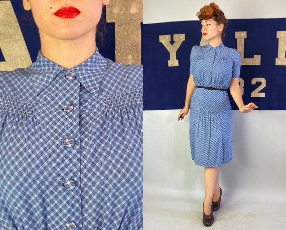 1930s Daytime Darling Dress | Vintage 30s Sky and Navy Blue Plaid Cotton Shirtwaist Frock w/Smocking and Puff Sleeves | Large Extra Large XL