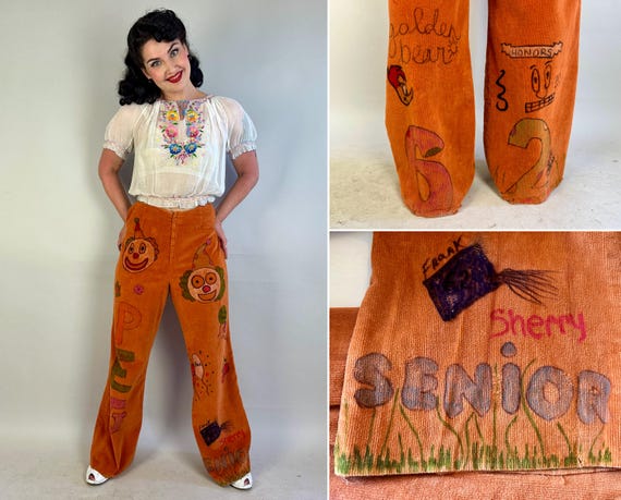 1960s Speak Your Mind Senior Cords | Vintage 60s UC Berkeley Class of ‘62 Orange Corduroy Trousers with Hand Drawn Yearbook Designs | Large