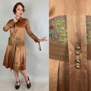 1920s Pennies From Heaven Dress | Vintage Antique 20s Copper Silk Charmeuse Frock with Gold Lamé and Embroidery & Mirror Buttons | Small