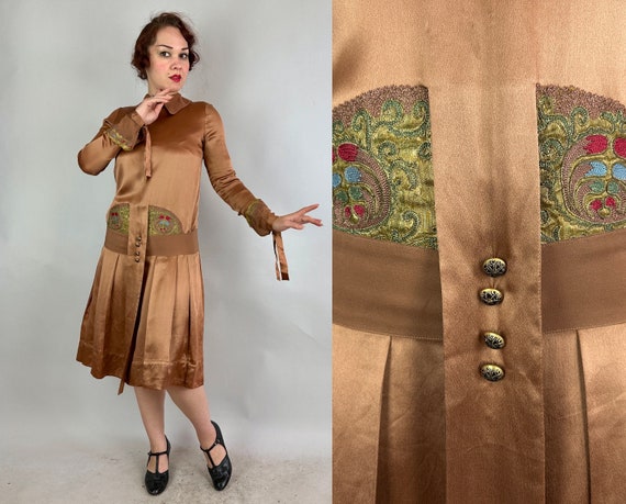 1920s Pennies From Heaven Dress | Vintage Antique 20s Copper Silk Charmeuse Frock with Gold Lamé and Embroidery & Mirror Buttons | Small