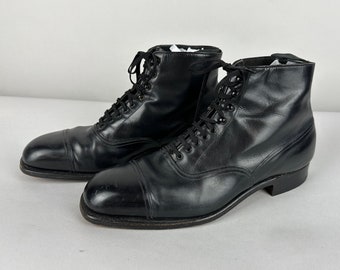 1930s Stand Your Ground Boots | Vintage 30s Black Cap Toe Leather Short Lace Up Shoes with Speed Laces and Leather Soles | Size 8 US