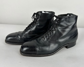 1930s Stand Your Ground Boots | Vintage 30s Black Cap Toe Leather Short Lace Up Shoes with Speed Laces and Leather Soles | Size 8 US