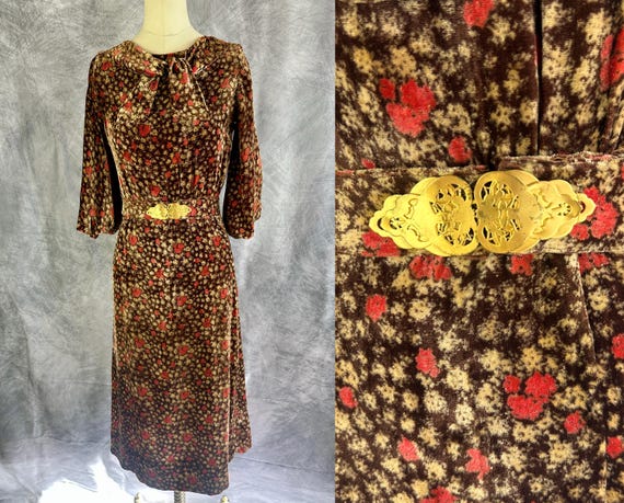 1930s Autumn Bloom Dress | Vintage 30s Brown Beige & Red Floral Print Silk Velvet Balloon Sleeve Frock w/Filigree Belt Buckle | Small