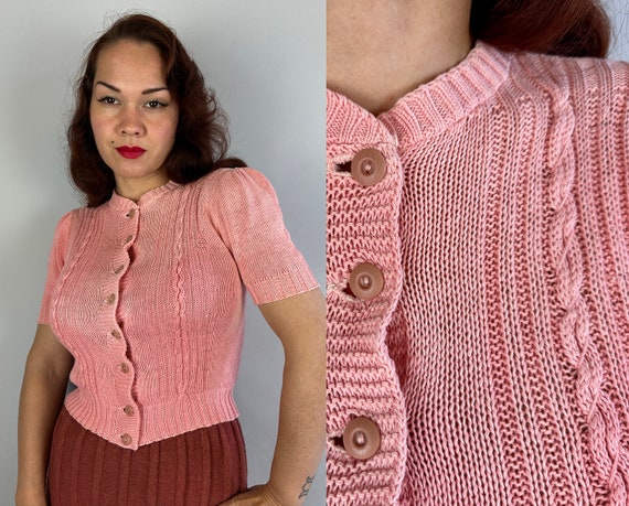 1930s Cotton Candy Cutie Cardigan | Vintage 30s Pink Wool Button Up Sweater with Cable Knit Stripes and Puff Sleeves | Small Medium