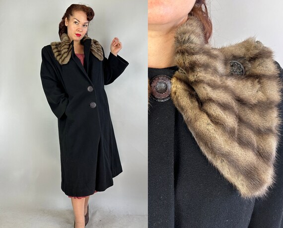 1930s Divine Decadence Coat | Vintage 30s Black Wool Overcoat Jacket with Bow Shaped Taupe Fur Collar and Iris Shaped Buttons | Medium Large