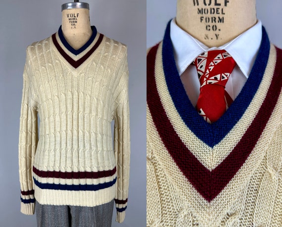 1950s Cricket Chris Jumper | Vintage 50s Ivory White Cable Knit Wool Pullover Sweater with Maroon and Navy Blue Stripes | Extra Large XL