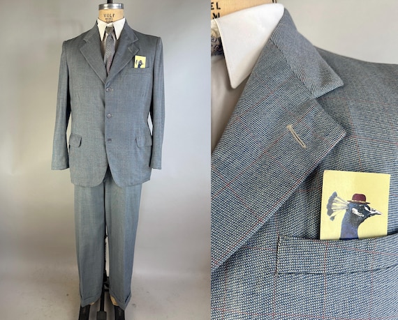 1950s Masterful Mr Suit | Vintage Early 50s Blue and White Birds Eye Twill Wool with Red Windowpane Plaid Jacket & Trousers | Size 42 Large