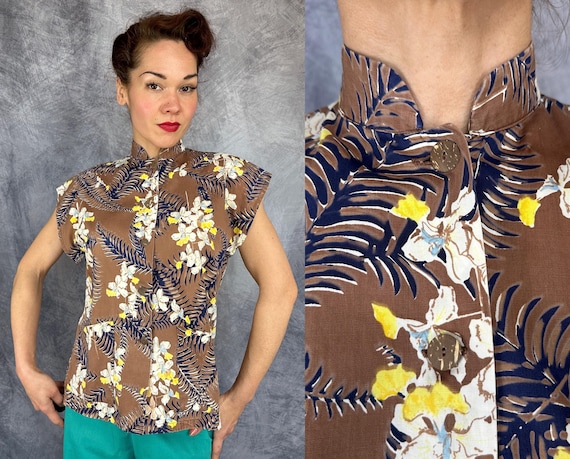 1950s Tiki Tea Timer | Vintage 50s "Alfred Shaheen" Hawaiian Print Blouse Shirt w/Blue Yellow White & Brown Tropical Foliage | Small Medium