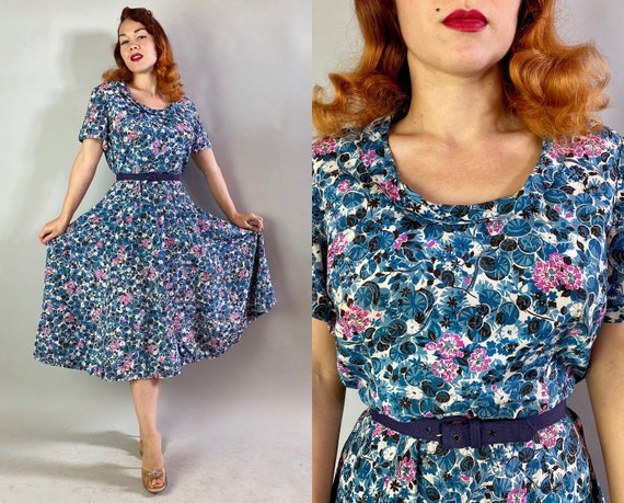 1940s Flirty Floral Frock | 40s Rayon Day Party Dress in Dark Teal Blue Foliage with Fuchsia Pink Flowers | Large/Extra Large XL Volup