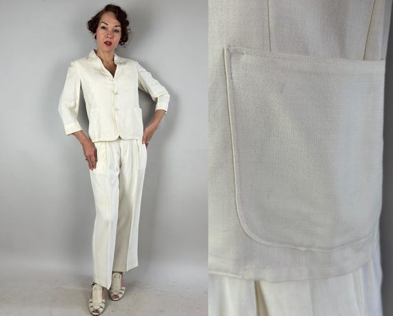 1930s Tropical Trip Suit | Vintage 30s White "Palm Beach" Cloth Two-Piece Androgynous Jacket and Hollywood Waist Trousers Set | Small Medium