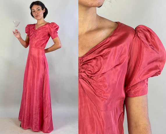 1930s Pink Perfection Gown | Vintage 30s Deco Salmon Rayon Taffeta Puff Sleeve Evening Dress with Ruching and Floor Sweep Hem | Small