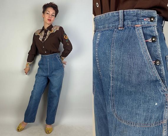 1940s Homestead Home Fires Jeans | Vintage 40s High Waist Side Button Indigo Blue Denim Dungarees Pants with Pink Top Stitching | Medium
