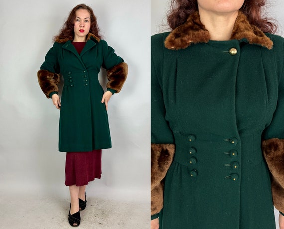 1930s Winter in Oz Coat | Vintage 30s Emerald Green Wool Double Breasted Overcoat with Brown Mouton Cuffs and Collar | Extra Small XS Small