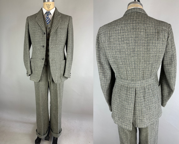 1930s Three-Piece Belt-Back Suit | Vintage Early 30s NRA Label Grey Blue Plaid Wool Fancy Pleated & Belted Back 3-Piece Set | Size 40 Medium
