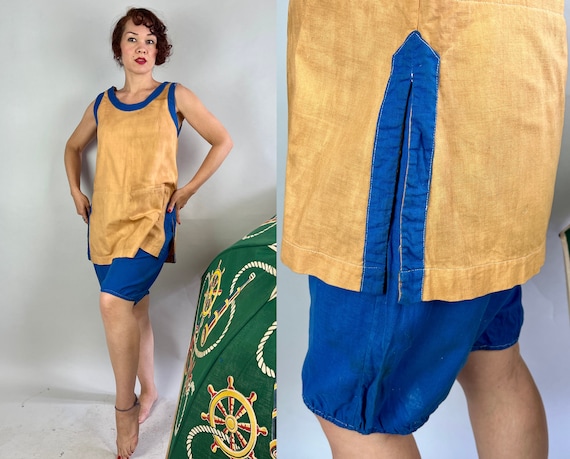 1910s Sunset on the Water Swimsuit | Vintage Antique Edwardian Teens Cotton Two-Tone Golden Yellow Bathing Suit w/ Blue Trim | Medium/Large