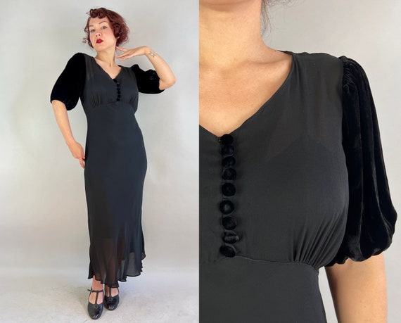 1930s Graceful Goddess Gown | Vintage 30s Black Silk Chiffon Bias Cut Dress with Decorative Velvet Buttons and Puff Sleeves | Medium Large