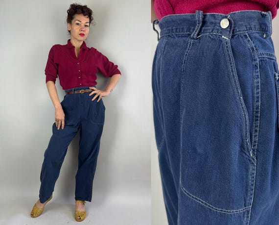 1950s Jumping and Jiving Jeans | Vintage 50s Classic Blue Denim Side Zip High Waisted Dungarees Pants with White Top Stitching | Large