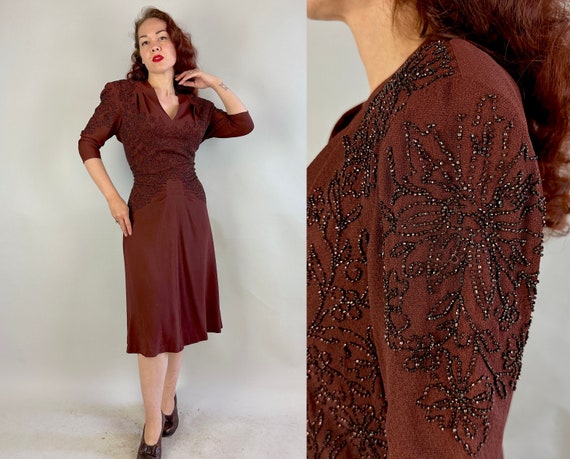 1940s Bold and Bronze Dress | Vintage 40s Brown Rayon Crepe Cocktail Frock with Bronze Seed Beading and Padded Shoulders | Extra Large XL