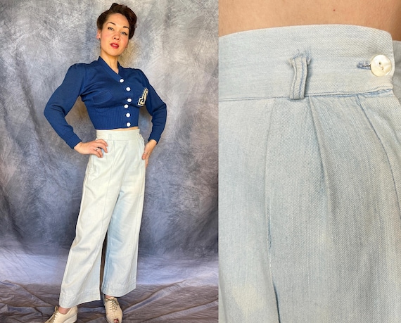 1930s Sporting Sue Slacks | Vintage 30s Pale Blue Cotton Twill High Wide Waisted Pants w/Dropped Loops & Side Buttons | Small Extra Small XS