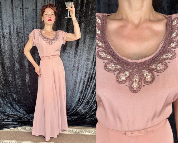 1940s Prima Ballerina Gown | Vintage 30s Pink Rayon Crepe Formal Dress w/Rhinestone & Beaded Neckline and Full Sweeping Skirt | Medium Large