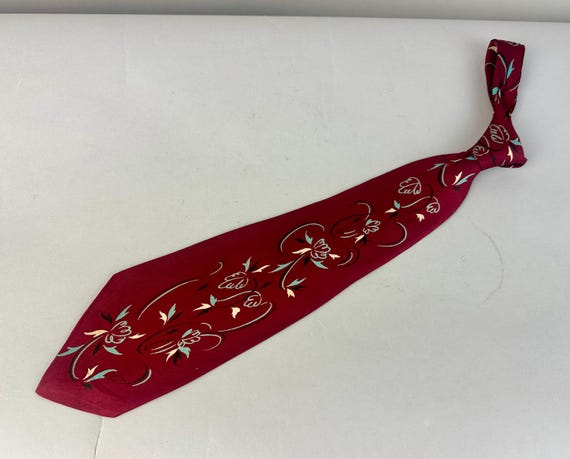 1940s Romantic Rendezvous Necktie | Vintage 40s Wine Red Silk Self Tie Cravat with Blue Black and White Vining Flowers