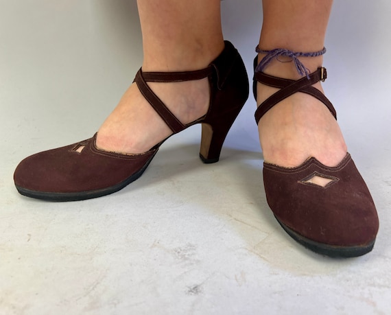 1930s Skip Hop and Jump Shoes | Vintage 30s Chestnut Brown Suede High Heels w/ Diamond Cutouts Criss Cross Strappy Buckles | Size 8.5 8&1/2