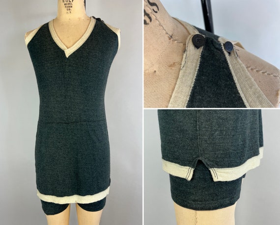 1920s Stormy Seas Bathing Suit | Vintage Antique 20s Charcoal Grey and White Wool Knit One Piece Swimsuit Swimwear | Medium Large