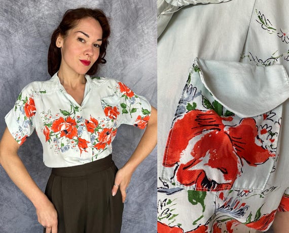 1940s Regal Is The Rose Blouse | Vintage 40s Blue Red Green and Grey Floral Bouquet Silky Rayon Button Up Shirt Top | Medium Large XL
