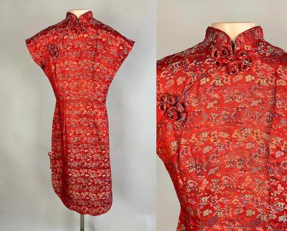 1950s Luscious Lillian Cheongsam | Vintage 50s Red Yellow Pink Blue Purple Black Asian Silk Brocade Dress Mandarin Collar | Extra Small XS