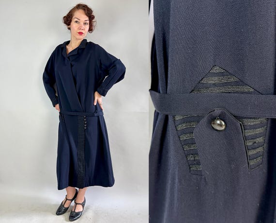 1920s Wandering Winifred Dress  | Antique Vintage 20s Darkest Navy Blue Wool Dropped Waist Frock with Belt & Button Details | Extra Large XL