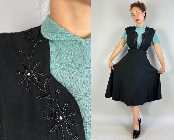 1940s Pretty Polly's Pinafore Jumper | Vintage 40s Black Rayon Gabardine Suspender Skirt with Silver Accent Soutache and Rhinestones | Small