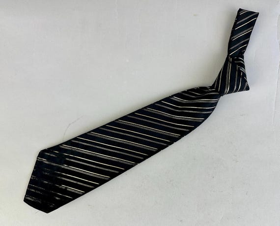 1930s Silver Fox Necktie | Vintage 30s Black Moire Silk with Metallic Diagonal Stripes Self Tie  Cravat with "NRA" Label