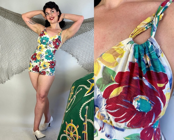 1930s Betty's Blossoming Romper | Vintage 30s Flower Cotton Button Back Playsuit in Yellow Red & Turquoise w/Green Bakelite Hoops | Small
