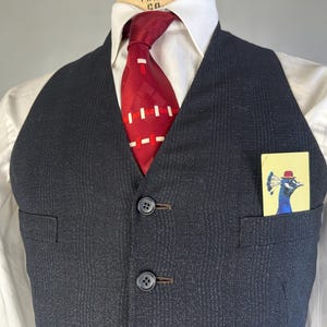 May include: A dark charcoal gray pinstriped vest worn over a crisp white collared shirt with a deep red necktie featuring a geometric pattern and a pocket square displaying a colorful illustration of a peacock wearing a small red hat.