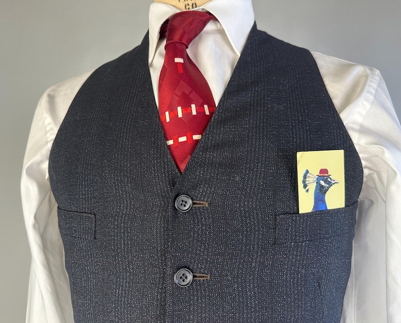 May include: A dark charcoal gray pinstriped vest worn over a crisp white collared shirt with a deep red necktie featuring a geometric pattern and a pocket square displaying a colorful illustration of a peacock wearing a small red hat.