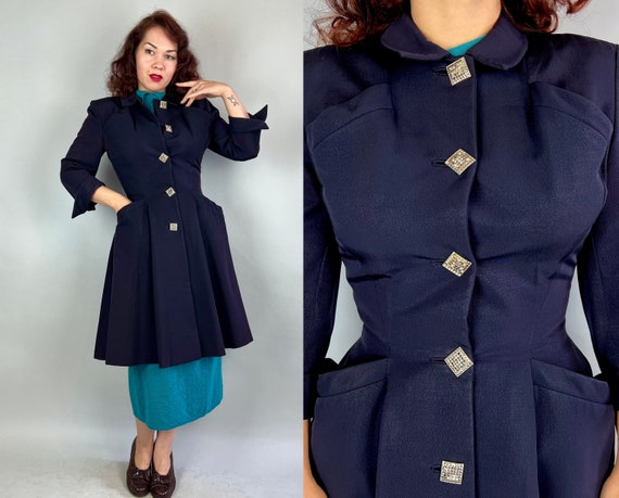 1950s Cool Night for Cocktails Coat | Vintage 50s Black Rayon Faille Evening Jacket with Square Rhinestone Buttons and Pockets | Small