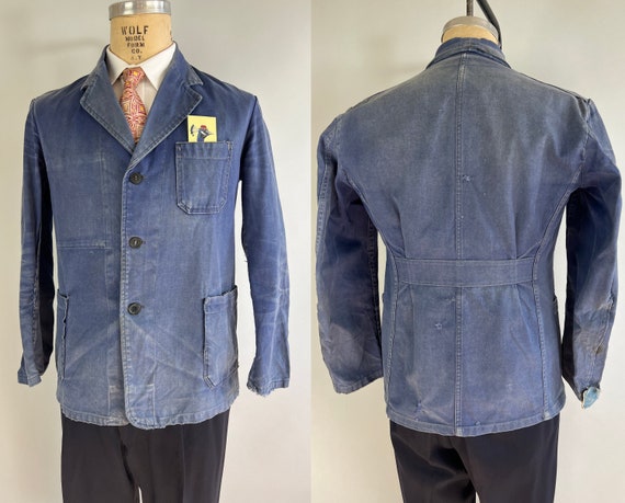 1930s Belted Back Workwear Jacket | Vintage 30s Denim Blue Period Worn Shop Blazer with Pleated Belt Back & Patch Pockets | Medium