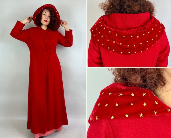 1940s Little Red Riding Hood Goes Glitz Coat | Vintage 40s Scarlet Wool Floor Length Evening Jacket with Brass Star Spangles | Small Medium