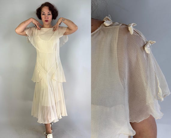 1920s Nimble Nymph Gown | Vintage 20s Eggshell White Silk Chiffon Bias Cut Dress w/Keyhole Sleeves Flowing Capelet and Peplum | Small Medium