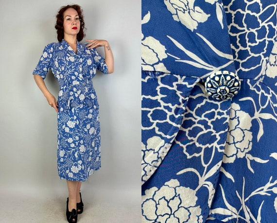 1940s Snazzy Two Piece Dress Set | Vintage 40s Rayon Chiffon White and Slate Blue Floral Print Peplum Wrap Blouse and Skirt Ensemble | Large
