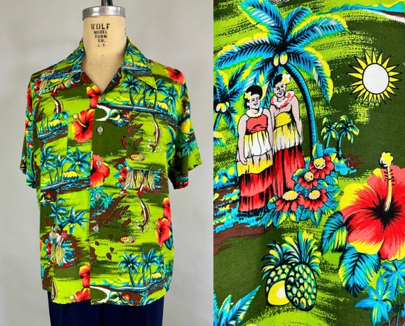 1950s Hawaiian Holiday Shirt | Vintage 50s Green Blue Brown and Coral Rayon Tiki Button Up Top with Tropical Scenes | Extra Large XL