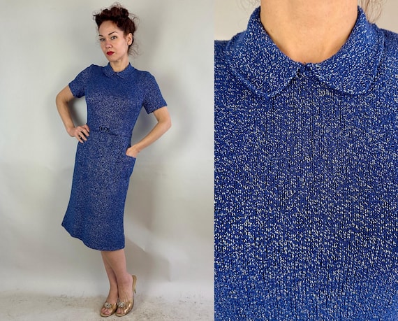 1950s You're a Gem Knit Dress | Vintage 50s Sapphire Blue Wool and Metallic Silver Lurex Sparkle Frock with Pocket and Hoop Belt | Medium