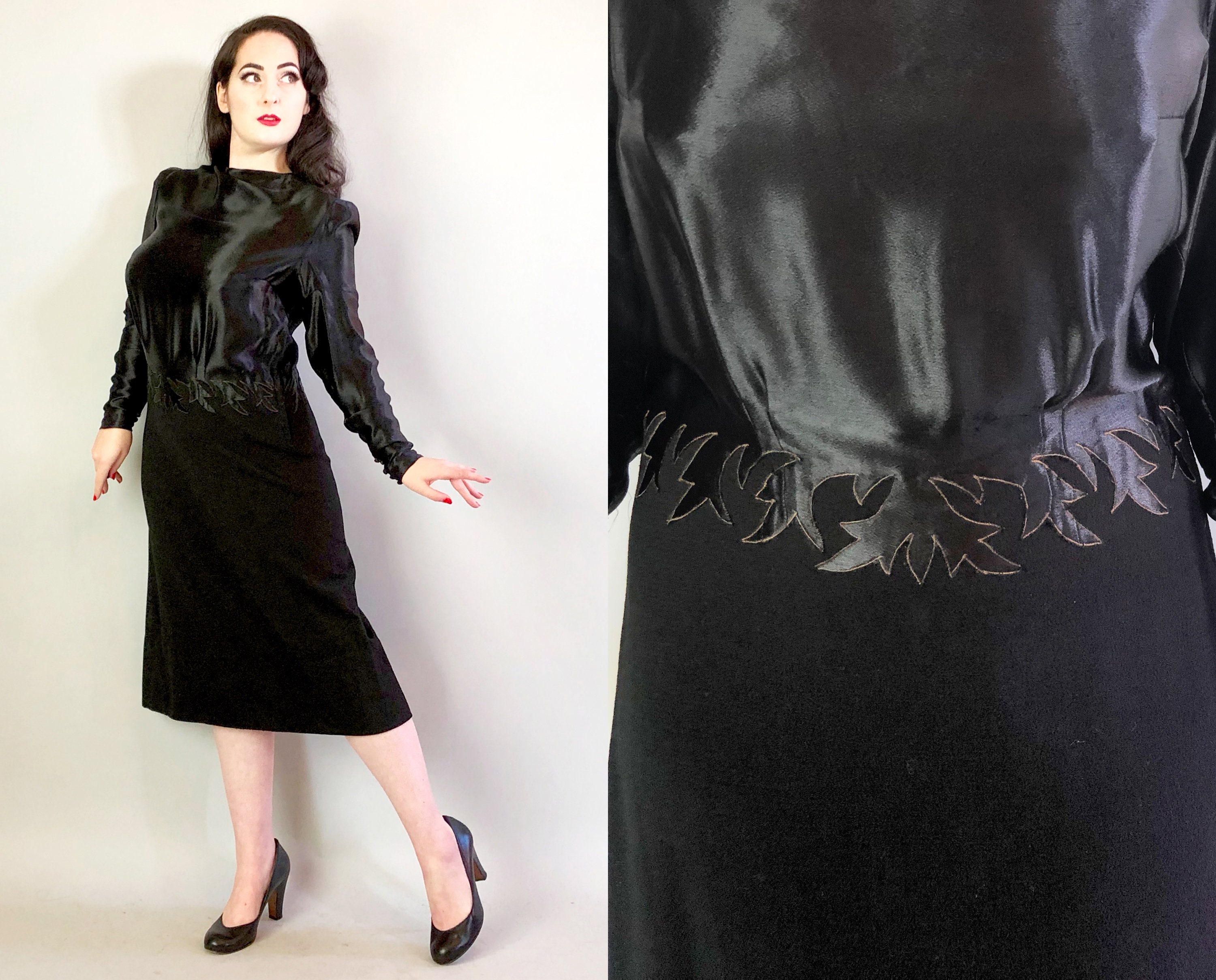 Vintage 40s Inky Black Rayon Crepe Hourglass Femme Fatale Bell -  Canada