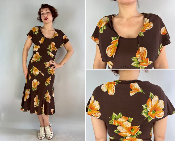 1930s Sweet Delights Frock | Vintage 30s Chocolate Brown Rayon Crepe Bias Cut Dress with Capelet and Orange and Green Flowers | Small Medium