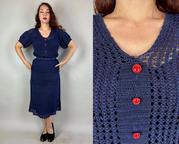 1930s Cool Blue Crochet Dress | Vintage 30s Navy Cotton Open Shell Stitch Work Frock with Red Buttons & Puff Sleeves | Large Extra Large XL