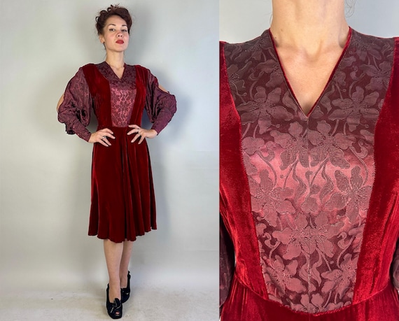 1940s Romantic Renaissance Dress | Vintage 40s Red Rayon Velvet and Silver Lamé Floral Jacquard Frock with Split Juliet Sleeves | Medium